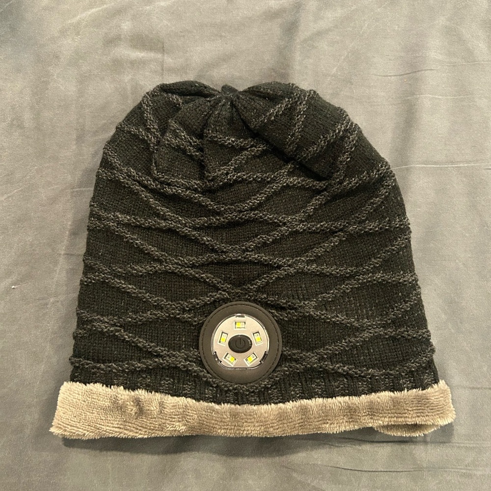 Black and Gray Knit Beanie with LED Light